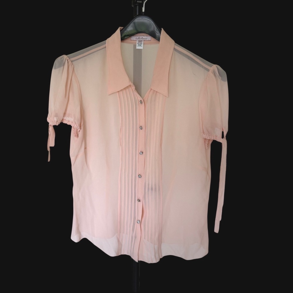 Y2K Intuitions Peach 100% Silk Pleated Button Front Coquette Top Short Sleeve 12